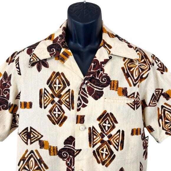 Vintage Pacific Isle Creations Hawaiian Men's Bark Cloth Button Down Shirt - Picture 2 of 8